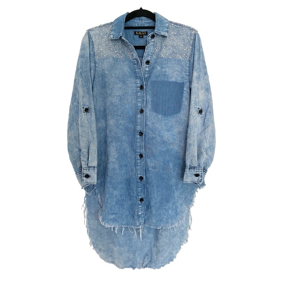 KROIX Tops - KROIX Cotton Rhinestones Details Raw Hem Hi Lo Denim Button-Up Shirt Dress Sz M